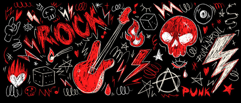 Punk rock music design elements collection - electric guitar, skull, flame, anarchy symbol, lightning bolt hand drawn vector illustrations. Red and white doodle style sketches for underground posters