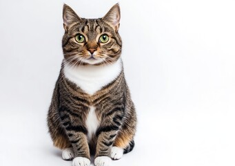 Obraz premium Sitting Tabby Cat with Green Eyes Looking at Camera on White