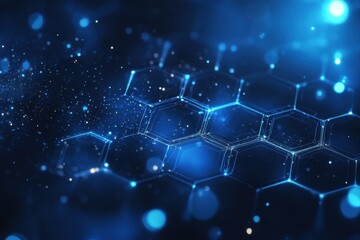 Cybernetic Hexagons: A futuristic representation of interconnected digital data, symbolizing the complex web of networks, featuring blue glowing hexagonal patterns, and bokeh effects.