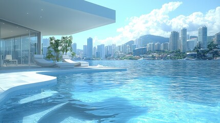Fototapeta premium Luxury Waterfront Villa with Infinity Pool and City Skyline View