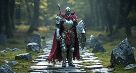 Fototapeta premium Arcane knight on stone path with mystical runes background