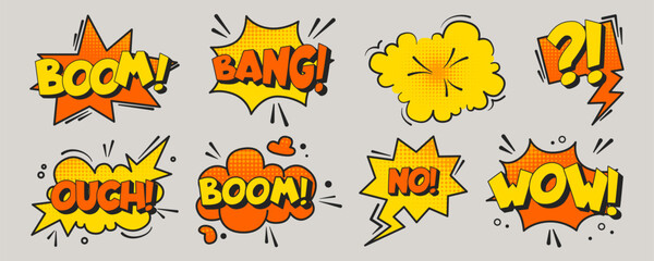 Comic speech bubbles set isolated on background. Vector cartoon illustration of yellow and orange retro text clouds, boom, bang, ouch, no, wow exclamation stickers design, surprise bang effect