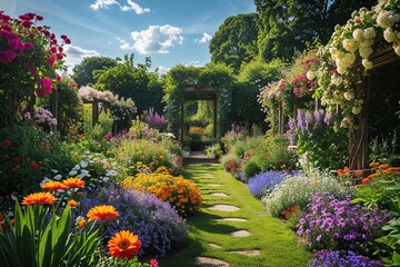 Vibrant Summer Garden Featuring Colorful Blooms and Lush Green Foliage Under Radiant Sunny Skies