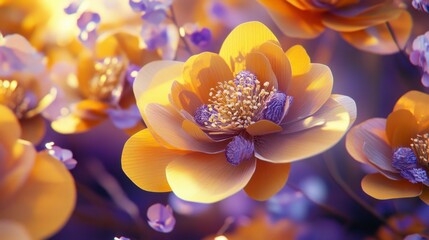 Vibrant Blooming Flowers in Soft Purple and Gold Color Palette