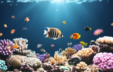 Obraz premium Vibrant marine life coral reef underwater photography tropical ocean wide-angle view biodiversity exploration