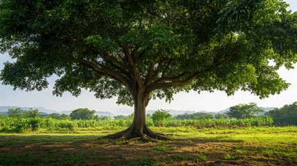Fototapeta premium A massive green tree stands gracefully in a sunny landscape