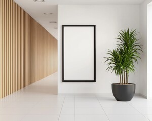 A sleek modern office hallway features a blank vertical poster frame perfect for design mockups next to a potted plant.
