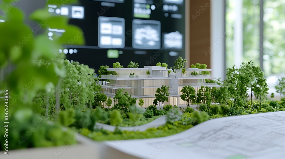 Poster designing sustainable architecture with green spaces and modern technology