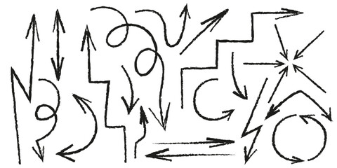 Handdrawn arrow set in doodle sketch style. Curved, straight and swirly black ink lines drawn in different directions and trajectories. Artistic hand sketched vector elements for creative design.