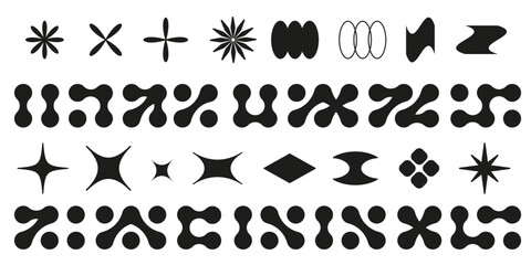 Abstract metaball shapes set isolated on white background. Vector illustration of black dots connected into different shape icons, organic fluid blobs, molecule structure, scientific chemical grids