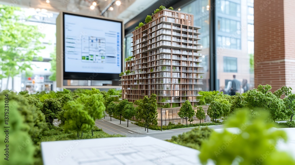 Poster designing sustainable architecture with green spaces and modern technology