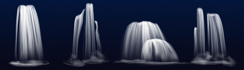 Waterfalls set isolated on transparent background. Vector realistic illustration of 3d water cascade falling from mountain, fountain streams, river splashing down cliff, natural landscape elements © klyaksun