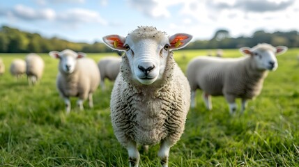 Obraz premium A close-up view of a fluffy white sheep standing in a lush green pasture with other sheep in the background on a sunny day.