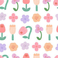 Crayon drawn seamless pattern with various spring flowers