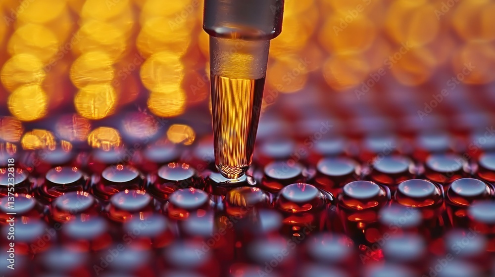 Poster microscopic view of pipette dispensing liquid into sample wells in a microplate