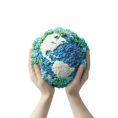 earth day concept, Hands holding a flower-covered globe symbolizing environmental care. in 3d rendering object style