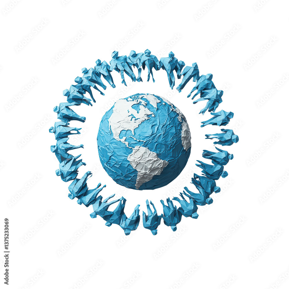 Poster earth day concept, earth surrounded by stylized human figures in a circular formation. in 3d renderi
