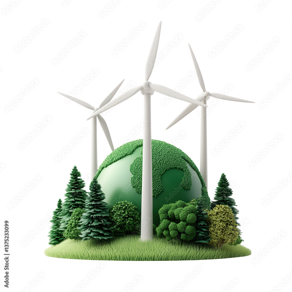 Poster earth day concept, eco-friendly wind turbines with a globe and trees illustration. in 3d rendering o