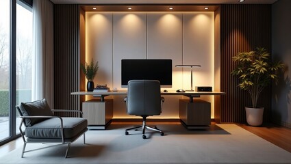 Fototapeta premium A stunningly modern home office setup featuring sleek design and functional elements for productivity and aesthetics