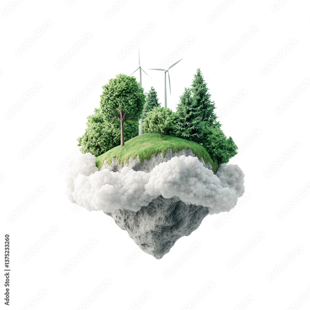Poster earth day concept, floating island with trees and wind turbines above clouds. in 3d rendering object
