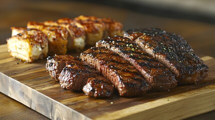 Juicy grilled steak sliced on wooden board alongside grilled cheese cubes perfect for restaurant menu or cookbook.