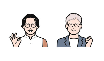 問題が解決して喜ぶビジネスカジュアルなミドル世代・シニア世代の男性のシンプルなベクターイラストセット