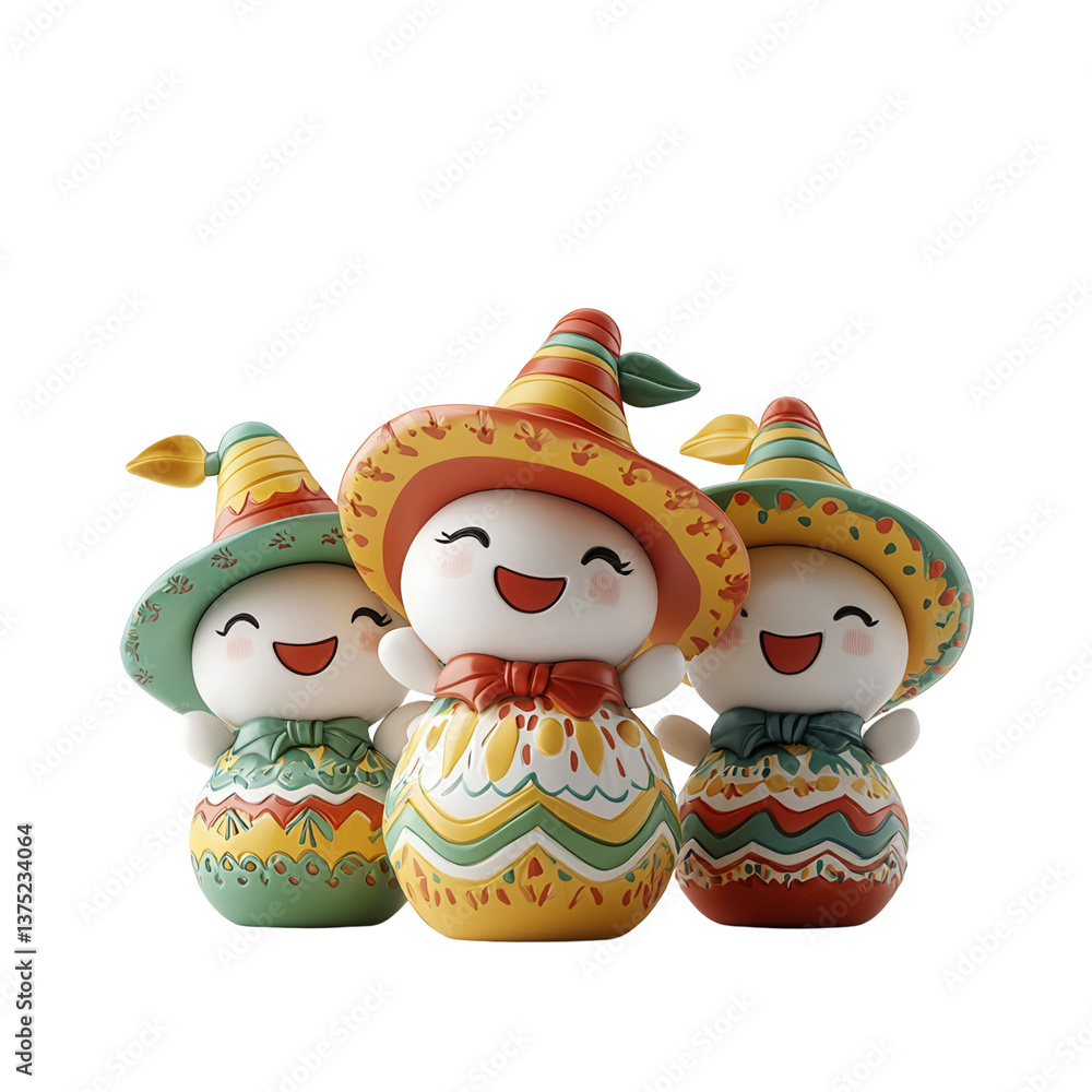 Poster cinco de mayo festival concept, colorful figurines with smiles and hats in a playful arrangement. in