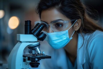Scientist examining sample through a microscope wearing safety glasses and surgical mask in a laboratory setting