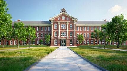 Obraz premium Historic Red Brick Academic Building with Lush Green Surroundings