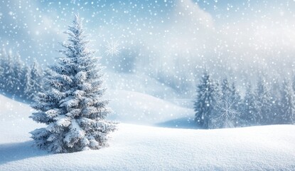 Fototapeta premium Snowy Landscape with Frosty Pine Tree and Gentle Winter Bliss
