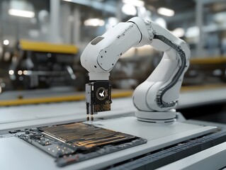 A robotic arm precisely places a microchip onto a circuit board du automated manufactu in a clean tech factory.