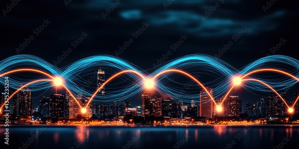 Poster futuristic city skyline at night with glowing network connections illustrating global data transfer 