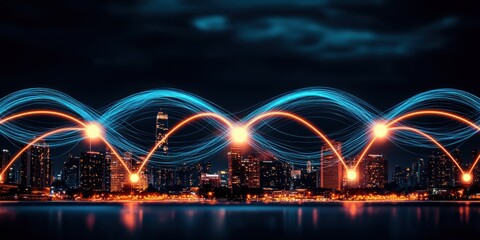 Futuristic city skyline at night with glowing network connections illustrating global data transfer and communication.