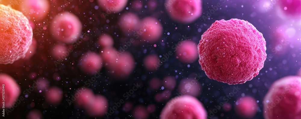 Aufkleber microscopic view of pink cancer cells proliferating and spreading rapidly in a dark background.