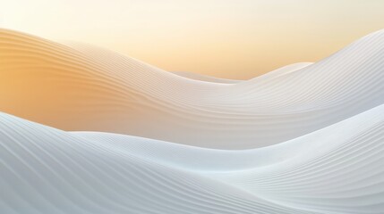 Abstract rendering of serene, Background  undulating white dunes meeting a soft, golden sky, creating a minimalist and calming visual experience