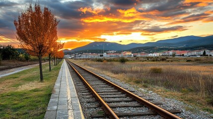 Fototapeta premium Scenic railway tracks at sunset with autumnal trees and distant mountains.