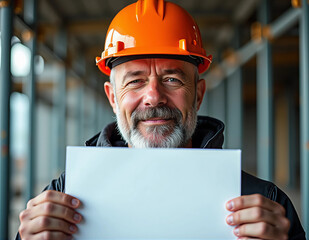 Senior construction engineer orange hardhat beard holding blank white paper mockup template industrial building site professional portrait presentation document copyspace safety uniform