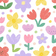 Spring seamless pattern with crocuses, poppies, tulips, daffodils