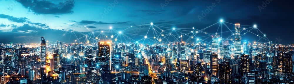 Aufkleber A futuristic cityscape at night showcases a complex network of interconnected glowing nodes representing digital technology and communication network