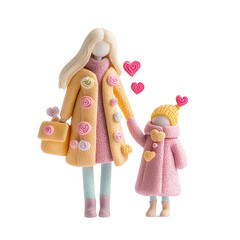 mother day concept, Stylish mother and daughter holding hands with hearts around them. in 3d rendering object style