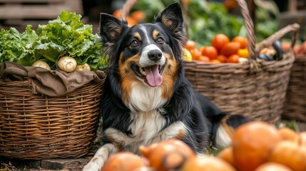 Dog relaxes among fresh vegetables and fruits at a vibrant local market during the harvest season