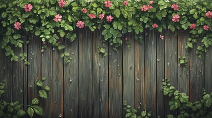 Fototapeta premium Wooden fence with vibrant flowers and lush green leaves growing over it