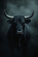 Fototapeta premium Majestic Black Bull Emerging from Dark Smoke Background