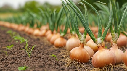 Freshly harvested onions growing in a field during the early hours of spring