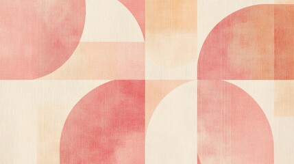 Abstract geometric pattern featuring textured semi circles and rectangles in shades of peach, Background  coral, and cream, creating a modern, artistic design