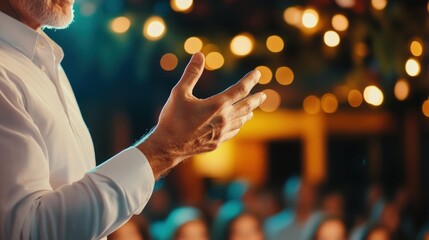 A mature man gestures eloquently while giving a presentation to a large ence in a dimly lit hall.
