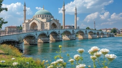 Naklejka premium Scenic view of a mosque and bridge over a river, with white flowers in the foreground under a blue sky.