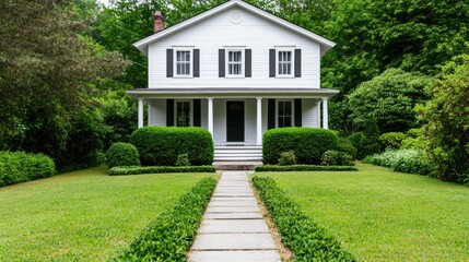 A charming white farmhouse with manicured hedges and a stone pathway sits serenely amidst lush green foliage.