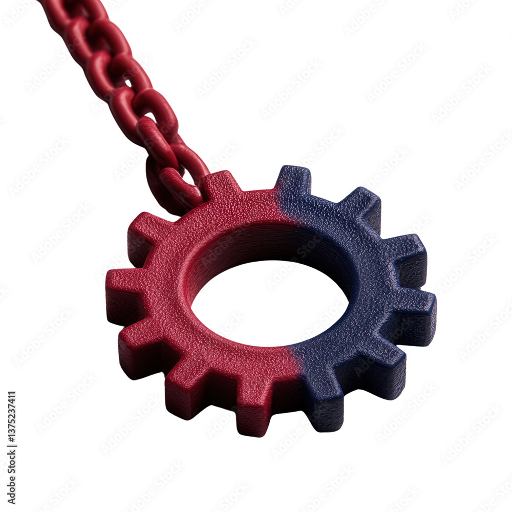 Poster labor day concept, a stylized gear connected by a chain on a dark background. in 3d rendering object