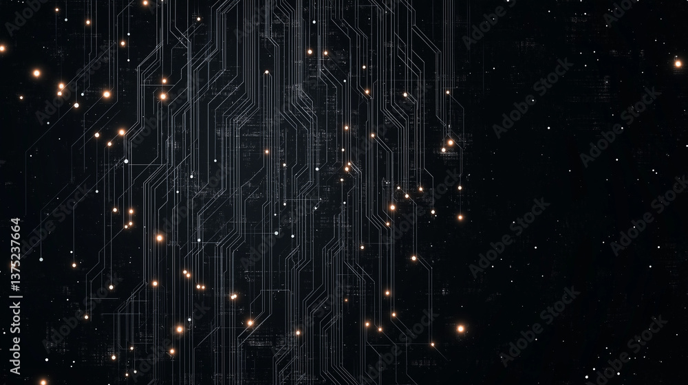 Poster digital pathways: a mesmerizing visual of a circuit board glowing against a black background, highli
